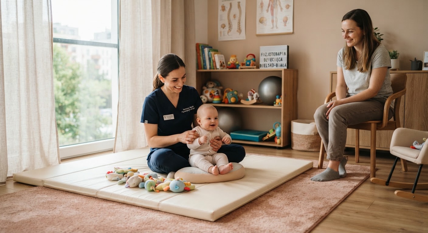 Fizjoterapeutka z niemowlęciem na miękkiej macie w gabinecie WiedźMama