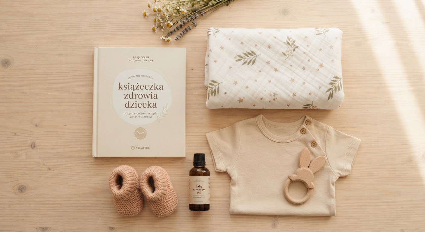 Książeczka zdrowia dziecka, pieluszka tetrowa, body i grzechotka przygotowane na wizytę